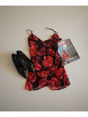 Pull&Bear Black top with Red Floral Accents